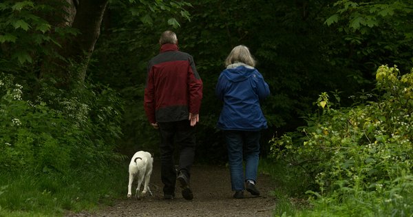 Retired couple walking their dog